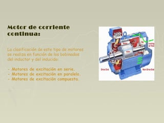 Motor de corriente
continua:
La clasificación de este tipo de motores
se realiza en función de los bobinados
del inductor y del inducido:
- Motores de excitación en serie.
- Motores de excitación en paralelo.
- Motores de excitación compuesta.
 