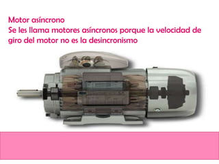 Motor asíncrono
Se les llama motores asíncronos porque la velocidad de
giro del motor no es la desincronismo

 