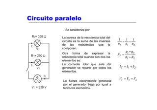 Circuito paralelo
             Se caracteriza por:

           La inversa de la resistencia total del
                                                     1   1   1
           circuito es la suma de las inversas         =   +
           de las resistencias que lo               RT R1 R2
           componen.
           Otra forma de expresar la                       R1 * R2
                                                    RT =
           resistencia total cuando son dos los            R1 + R2
           elementos es:
           La corriente total que sale del
           generador se reparte por todos los        I T = I1 + I 2
           elementos.

                                                    VT = V1 = V2
           La fuerza electromotriz generada
           por el generador llega por igual a
           todos los elementos.
 