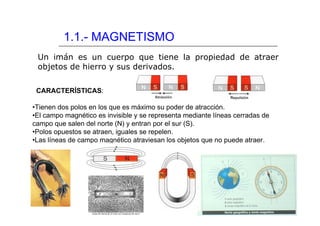 1.1.- MAGNETISMO
 Un imán es un cuerpo que tiene la propiedad de atraer
 objetos de hierro y sus derivados.

 CARACTERÍSTICAS:

•Tienen dos polos en los que es máximo su poder de atracción.
•El campo magnético es invisible y se representa mediante líneas cerradas de
campo que salen del norte (N) y entran por el sur (S).
•Polos opuestos se atraen, iguales se repelen.
•Las líneas de campo magnético atraviesan los objetos que no puede atraer.
 