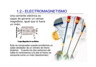 1.2.- ELECTROMAGNETISMO
Una corriente eléctrica es
capaz de generar un campo
magnético, igual que si fuera
un imán.




Esto se comprueba cuando enrollamos un
cable alrededor de un cilindro de hierro
(bobina). Cuando los dos extremos del
cable lo conectamos a la pila el hierro se
comporta como un imán (electroimán)
 
