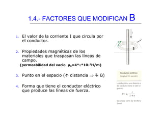 1.4.- FACTORES QUE MODIFICAN B

1.    El valor de la corriente I que circula por
      el conductor.

2.    Propiedades magnéticas de los
      materiales que traspasan las líneas de
      campo.
     (permeabilidad del vacío μ0=4*π*10-7H/m)


3.    Punto en el espacio (   distancia ⇒     B)

4.    Forma que tiene el conductor eléctrico
      que produce las líneas de fuerza.
 