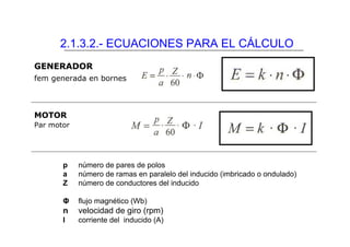 2.1.3.2.- ECUACIONES PARA EL CÁLCULO
GENERADOR
fem generada en bornes



MOTOR
Par motor




       p    número de pares de polos
       a    número de ramas en paralelo del inducido (imbricado o ondulado)
       Z    número de conductores del inducido

       Φ    flujo magnético (Wb)
       n    velocidad de giro (rpm)
       I    corriente del inducido (A)
 