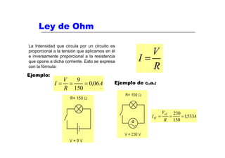 Ley de Ohm

La Intensidad que circula por un circuito es
proporcional a la tensión que aplicamos en él           V
e inversamente proporcional a la resistencia
que opone a dicha corriente. Esto se expresa         I=
con la fórmula:                                         R
Ejemplo:
               V  9                         Ejemplo de c.a.:
             I= =    = 0,06A
               R 150



                                                                   Vef       230
                                                          I ef =         =       = 1,533A
                                                                    R        150
 