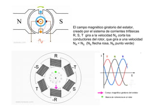 El campo magnético giratorio del estator,
creado por el sistema de corrientes trifásicas
R, S, T gira a la velocidad NS corta los
conductores del rotor, que gira a una velocidad
NR < NS (NS flecha rosa, NR punto verde)
 