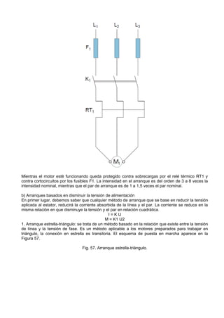 Mientras el motor esté funcionando queda protegido contra sobrecargas por el relé térmico RT1 y
contra cortocircuitos por los fusibles F1. La intensidad en el arranque es del orden de 3 a 8 veces la
intensidad nominal, mientras que el par de arranque es de 1 a 1,5 veces el par nominal.

b) Arranques basados en disminuir la tensión de alimentación
En primer lugar, debemos saber que cualquier método de arranque que se base en reducir la tensión
aplicada al estator, reducirá la corriente absorbida de la línea y el par. La corriente se reduce en la
misma relación en que disminuye la tensión y el par en relación cuadrática.
                                                I=KU
                                               M = K1 U2
1. Arranque estrella-triángulo: se trata de un método basado en la relación que existe entre la tensión
de línea y la tensión de fase. Es un método aplicable a los motores preparados para trabajar en
triángulo, la conexión en estrella es transitoria. El esquema de puesta en marcha aparece en la
Figura 57.

                                 Fig. 57. Arranque estrella-triángulo.
 
