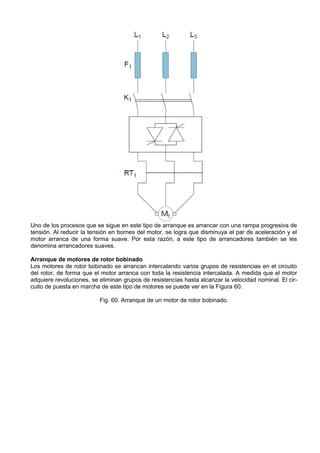 Uno de los procesos que se sigue en este tipo de arranque es arrancar con una rampa progresiva de
tensión. Al reducir la tensión en bornes del motor, se logra que disminuya el par de aceleración y el
motor arranca de una forma suave. Por esta razón, a este tipo de arrancadores también se les
denomina arrancadores suaves.

Arranque de motores de rotor bobinado
Los motores de rotor bobinado se arrancan intercalando varios grupos de resistencias en el circuito
del rotor, de forma que el motor arranca con toda la resistencia intercalada. A medida que el motor
adquiere revoluciones, se eliminan grupos de resistencias hasta alcanzar la velocidad nominal. El cir-
cuito de puesta en marcha de este tipo de motores se puede ver en la Figura 60.

                          Fig. 60. Arranque de un motor de rotor bobinado.
 