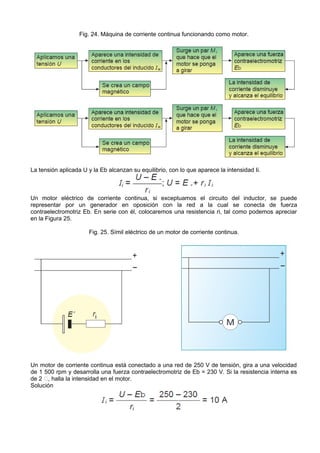Fig. 24. Máquina de corriente continua funcionando como motor.




La tensión aplicada U y la Eb alcanzan su equilibrio, con lo que aparece la intensidad Ii.



Un motor eléctrico de corriente continua, si exceptuamos el circuito del inductor, se puede
representar por un generador en oposición con la red a la cual se conecta de fuerza
contraelectromotriz Eb. En serie con él, colocaremos una resistencia ri, tal como podemos apreciar
en la Figura 25.

                      Fig. 25. Símil eléctrico de un motor de corriente continua.




Un motor de corriente continua está conectado a una red de 250 V de tensión, gira a una velocidad
de 1 500 rpm y desarrolla una fuerza contraelectromotriz de Eb = 230 V. Si la resistencia interna es
de 2 􀀱, halla la intensidad en el motor.
Solución
 