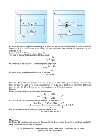 El motor derivación es prácticamente igual al motor de excitación independiente, la única diferencia
estriba en que el devanado de excitación (C, D) está conectado a la misma fuente de tensión que el
inducido (A, B).
En este tipo de motor se cumple lo siguiente:
• El flujo es constante porque la Iex también lo es:



• La intensidad del inducido I i toma la siguiente expresión:



• La intensidad que el motor absorbe de la red vale:
                                              I = Ii + Iex.



Un motor derivación está conectado a una red de tensión U = 200 V; la resistencia de excitación
tiene un valor Rd = 200 Ω y la resistencia interna ri = 4 Ω. La Eb en condiciones nominales de trabajo
tiene un valor de 160 V. Determina las intensidades en los diferentes circuitos.
Solución
En primer lugar hallamos la intensidad de excitación:




A continuación calculamos la corriente en el circuito del inducido:



Por último, obtenemos la intensidad que absorbe de la red:
                                     I = Ii + Iex = 10 + 1 = 11 A



Motor serie
La Figura 28 representa el esquema de conexiones de un motor de corriente continua excitación
serie y su esquema eléctrico equivalente.

         Fig. 28. Esquema de conexiones de un motor de corriente continua excitación serie
                                 y circuito eléctrico equivalente.
 