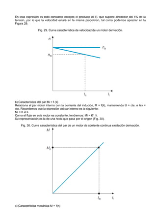 En esta expresión es todo constante excepto el producto (ri Ii), que supone alrededor del 4% de la
tensión, por lo que la velocidad estará en la misma proporción, tal como podemos apreciar en la
Figura 29.

                 Fig. 29. Curva característica de velocidad de un motor derivación.




b) Característica del par Mi = f (Ii)
Relaciona el par motor interno con la corriente del inducido, M = f(Ii), manteniendo U = cte. e Iex =
cte. Recordemos que la expresión del par interno es la siguiente:
Mi = K ø Ii.
Como el flujo en este motor es constante, tendremos: Mi = K1 Ii.
Su representación es la de una recta que pasa por el origen (Fig. 30).

    Fig. 30. Curva característica del par de un motor de corriente continua excitación derivación.




c) Característica mecánica M = f(n)
 