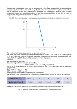 Relaciona la velocidad del motor con su par interno M = f(n). Es la característica fundamental de la
que depende todo motor, junto con la carga. Puede obtenerse por eliminación gráfica de los valores
de la intensidad de las dos características anteriores. La característica está un poco inclinada
respecto al eje del par, lo cual es indicativo de que el grado de estabilidad de este tipo de motor es
muy elevado, tal y como se puede ver en la Figura 31.

   Fig. 31. Curva característica mecánica de un motor de corriente continua excitación derivación.




Para aclarar todo lo expuesto veamos un ejemplo numérico.
Un motor derivación tiene las siguientes características: U = 230 V; Ebo = 226 V; no = 1 500 rpm; In
= 20 A; ri = 2 Ω; Mn = 100 N · m. Dibuja las curvas características calculando los valores para: 5 A,
10 A, 15 A, 20 A y 25 A. Supón el flujo constante en todo el proceso.
Solución
Característica de velocidad
En primer lugar, determinamos la Eb para 5 A.
                            Eb = U – ri Ii = 230 – 2 · 5 = 230 – 10 = 220 V
Como la Eb es proporcional al número de revoluciones Eb = Kn n, plantearemos las siguientes
proporciones:
E0 = Kn n0 → 226 = Kn · 1 500
E5A = Kn n5A → 220 = Kn n5A
Despejando quedará: n5A = (1500x220)/226 = 1 460 rpm
De la misma forma, determinaremos los valores de velocidad para el resto de valores de intensidad.




Llevamos los resultados a una tabla y obtenemos el gráfico representado en la Figura 32.

                Fig. 32. Relación entre velocidad e intensidad en el motor derivación.
 