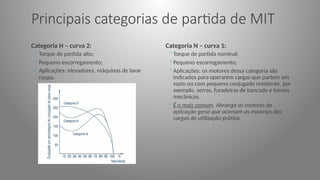Principais categorias de partida de MIT
Categoria H – curva 2:
◦Torque de partida alto;
◦Pequeno escorregamento;
◦Aplicações: elevadores, máquinas de lavar
roupa.
Categoria N – curva 1:
◦Torque de partida nominal;
◦Pequeno escorregamento;
◦Aplicações: os motores dessa categoria são
indicados para operarem cargas que partem em
vazio ou com pequeno conjugado resistente, por
exemplo, serras, furadeiras de bancada e tornos
mecânicos.
◦ É o mais comum. Abrange os motores de
aplicação geral que acionam as maiorias das
cargas de utilização prática.
 