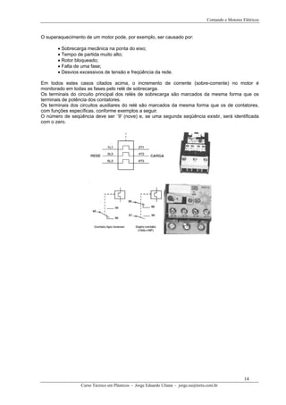Comando e Motores Elétricos



O superaquecimento de um motor pode, por exemplo, ser causado por:

       • Sobrecarga mecânica na ponta do eixo;
       • Tempo de partida muito alto;
       • Rotor bloqueado;
       • Falta de uma fase;
       • Desvios excessivos de tensão e freqüência da rede.

Em todos estes casos citados acima, o incremento de corrente (sobre-corrente) no motor é
monitorado em todas as fases pelo relé de sobrecarga.
Os terminais do circuito principal dos relés de sobrecarga são marcados da mesma forma que os
terminais de potência dos contatores.
Os terminais dos circuitos auxiliares do relé são marcados da mesma forma que os de contatores,
com funções específicas, conforme exemplos a seguir.
O número de seqüência deve ser `9' (nove) e, se uma segunda seqüência existir, será identificada
com o zero.




                                                                                                       14
                 Curso Técnico em Plásticos - Jorge Eduardo Uliana - jorge.eu@terra.com.br
 