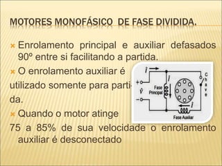 MOTORES MONOFÁSICO DE FASE DIVIDIDA.
 Enrolamento principal e auxiliar defasados
90º entre si facilitando a partida.
 O enrolamento auxiliar é
utilizado somente para parti-
da.
 Quando o motor atinge
75 a 85% de sua velocidade o enrolamento
auxiliar é desconectado
 