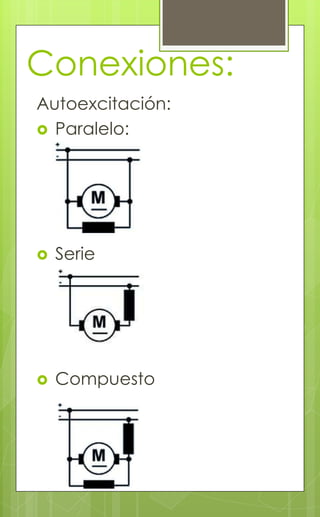 Conexiones:
Autoexcitación:
 Paralelo:
 Serie
 Compuesto
 