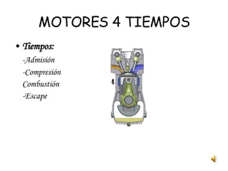 MOTORES 4 TIEMPOS Tiempos: -Admisión -Compresión Combustión -Escape 
