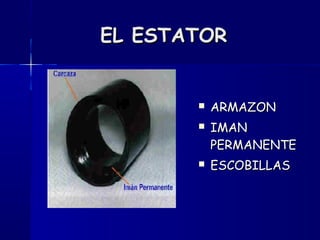 EL ESTATOREL ESTATOR
 ARMAZONARMAZON
 IMANIMAN
PERMANENTEPERMANENTE
 ESCOBILLASESCOBILLAS
 