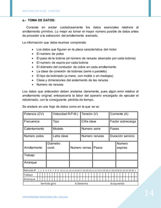 MOTORESDE FASE PARTIDA
UNIVERSIDAD NACIONALDEL CALLAO
14
a.- TOMA DE DATOS:
Consiste en anotar cuidadosamente los datos es...