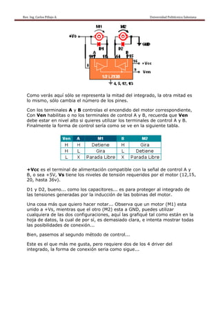 Rev. Ing. Carlos Pillajo A.                                                                                                Univ
                                                                                                                              versidad Polité
                                                                                                                                            écnica Salesian                  
                                                                                                                                                          na 




   Como verás aq sólo se represe
       o        quí            enta la miitad del in
                                                   ntegrado, la otra m
                                                           ,         mitad es
   lo mis
        smo, sólo cambia e número de los p
                o        el     o        pines.

   Con lo termin
        os      nales A y B control el enc
                                    las      cendido de motor correspon
                                                       el                ndiente,
   Con VVen habilitas o no los terminales de control A y B, recuerda que Ven
                                                                         e
   debe estar en nivel alto si quiere utilizar los term
                          o         es       r        minales de control A y B.
                                                               e
        mente la f
   Finalm        forma de control s sería como se ve e la sigui
                                                      en        iente tabl
                                                                         la.




   +Vcc es el ter
        c        rminal de alimentación com
                                          mpatible co la seña de control A y
                                                    on      al
   B, o s
        sea +5V, Vs tiene los nivele de tens
                                   es              ueridos po el moto (12,15,
                                           sión requ        or      or
   20, haasta 36v)
                 ).

   D1 y D2, bueno... como los capa
                         o         acitores... es para proteger al integr
                                                              r         rado de
   las tensiones g
                 generadas por la in
                         s         nducción de las boobinas del motor.
                                                               l

   Una ccosa más que quiero hacer notar... OObserva q que un mo otor (M1) esta
                                                                        )
   unido a +Vs, m mientras q
                           que el otr (M2) esta a GND puedes utilizar
                                    ro                 D,
   cualquuiera de l dos co
                  las      onfiguraciones, aquí las gra
                                                      afiqué tal como est
                                                                        tán en la
   hoja d datos, la cual de por sí, es demas
        de                                   siado clar e inten mostr todas
                                                      ra,       nta     rar
   las po
        osibilidade de con
                  es      nexión...

   Bien, pasemos al segun
               s        ndo métod de con
                                do     ntrol...

   Este e el que más me gusta, pe requie dos de los 4 dr
        es                        ero      ere     e   river del
   integr
        rado, la fo
                  orma de c
                          conexión seria com sigue...
                                           mo
 