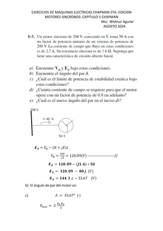 EJERCICIOS DE MAQUINAS ELECTRICAS CHAPMAN 5TA. EDICION
MOTORES SINCRONOS: CAPITULO 5 CHAPMAN
Msc. Widmar Aguilar
AGOSTO 2024
-. = /∅ − $d + 12&
/∅ =
√
= 120.09$/& -----------------------//
-. = vJ5. 5x − $6v. 7& ∗ u5
-. = vJ5. 5x − 45 6 $/&
-. = v33. t ∠ − 33.67 $/&
b) El ángulo de par del motor es:
c) F = 33.67 (-)
] Œ• = 3
-. H∅
I
 