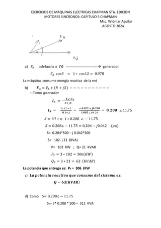 EJERCICIOS DE MAQUINAS ELECTRICAS CHAPMAN 5TA. EDICION
MOTORES SINCRONOS: CAPITULO 5 CHAPMAN
Msc. Widmar Aguilar
AGOSTO 2024
a) L( „eNm„ p„ „ /∅ --------------------------- generador
L( [MF = 1 ∗ [M12 = 0.978
La máquina consume energía reactiva de la red
b) -. = /∅ + $d + 12& − − − − − − − − − − −
−–  Š N „e
™( =
-.š ∅
•VUI
™. =
v∠ Ov
5.vV 6
=
O 5.5JJ V 65.J54
v.55u ∠ !.
= 5. J54 ∠ 11.75
› = / ∗ = 1 ∗ 0.208 ∠ − 11.75
› = 0.208∠ − 11.75 = 0.204 − 10.042 $ ‚&
S= 0.204*500 – j 0.042*500
S= 102- j 21 (KVA)
P= 102 KW ; Q= 21 KVAR
]œ = 3 ∗ 102 = 306$s^&
‡œ = 3 ∗ 21 = 63 $s/%d&
La potencia que entrega es: PT = 306 (KW
c) •ž Ÿ ¡¢£¤¥ž ¦¢ž¤¡¥§ž ¨©¢ ¤ £ª©«¢ ¬¢- ª¥ª¡¢«ž ¢ª:
® = 7t$¯H.°&
d) Como S= 0.208∠ − 11.75
ST= 3* 0.208 * 500 = 312 KVA
 