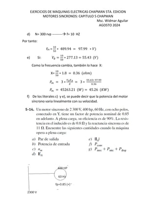 EJERCICIOS DE MAQUINAS ELECTRICAS CHAPMAN 5TA. EDICION
MOTORES SINCRONOS: CAPITULO 5 CHAPMAN
Msc. Widmar Aguilar
AGOSTO 2024
d) N= 300 rvp --------- f= 10 HZ
Por tanto:
EA =
T
∗ 489.94 = 97.99 ∗ /&
e) Si: /∅ =
T
∗ 277.13 = 55.43 $/&
Como la frecuencia cambia, también lo hace X:
X=
T
∗ 1.8 = 0.36 $ℎ &
] = 3 ∗ ∅QR
I
= 3 ∗
TT.! ∗ f.
. K
] = 45263.21 $^& = 45.26 $s^&
f) De los literales c) y e), se puede decir que la potencia del motor
síncrono varia linealmente con su velocidad.
 