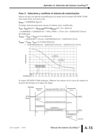 Apéndice A: Selección del sistema SureStep™


             Paso 5 - Seleccione y confirme el sistema de motorización
             Parece ser que una opción razonable para un motor sería el motor STP-MTR-17048.
             Este motor tiene una inercia de:
             Jmotor = 0,0000068 [Kg-m2]
             El torque real necesario para mover el sistema sería, modificado:
             Tacel = Jtotal[Kg-m2] * ( velocidad[RPM]÷ tiempo[s]) * 2 ÷ 60[N-m]
             = (0,0000068 + 0,000028145) * (994,3 RPM ÷ 1)*2 ÷ 60 = 0,003638573[N-m]
             de modo que:
             Tmotor = Tacel + Tresist en la aceleración
                     = 0,003638573 [N-m]+ 0,00180504[N-m] = 0,0054436 [N-m]
             Tmotor = Tresist - Tacel en la desaceleración
                    = 0,00180504[N-m]- 0,003638573[N-m]= - 0,001833533 [N-m]
                                           45


                                           40

                                           35
                      Torque (N-mx10-2)




                                                                                                  1/2 paso
                                                                                                400 pasos/rev
                                           30

                                           25                                                                     1/10 paso
                                                                                                                2000 paso/rev

                                           20


                                           15
                                                           Esta es la curva de
                                                           torque de la carga
                                           10


                                            5

                                            0
                                                RPM: 150   300   450    600    750    900   1050    1200   1350    1500   1650    1800   1950    2100   2250
                  Hz (1000 pasos/rev): 2.5k                5k    7.5k   10k   12.5k   15k   17.5k   20k    22.5k   25k    27.5k   30k    32.5k   35k    37.5k




             El motor STP-MTR-17048 trabajará. Observe los valores en la curva de valores en
             función del tiempo en la figura de abajo

                                          Velocidad
                                                           Aceleración                                                              Desaceleración
                                                                                 Velocidad de 994 RPM o 16571 Hz
                                                             de 1 s                                                                     de 1 s



                       20 Hz                                                                                                                                    segundos

                      Torque                               0.45 N-m

                                                                                 Torque máximo que puede generar el motor
                                                                                                                                  0,23 N-m

                                                           0,0054436 N-m
                                                                                            0,001805 N-m
                                                                                 Torque resistivo y de aceleración                                              segundos

                                                           0s                    1s                                                3s                       4s

                                                                                                                                   -0,0018335 N-m
                                                                                                                                  -0,23 N-m
                                                                                                                                                               -0.45 N-m




2b Ed. español   03/07                                                                      Manual del sistema SureStepTM                                                  A–15
 