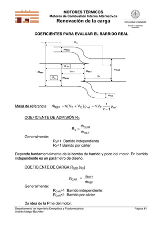 MOTORES TÉRMICOS
Motores de Combustión Interna Alternativos
Renovación de la carga
Departamento de Ingeniería Energética y Fluidomecánica
Andrés Melgar Bachiller
Página 11
COEFICIENTES PARA EVALUAR EL BARRIDO REAL
mREF
RS
RCAR
RET
mSUM
mCC
mRET
mCAR
b
RLL
mRES
Masa de referencia:  m n V V n V
r
r
REF T C ref T ref  

 
1
COEFICIENTE DE ADMISIÓN RS
R
m
m
s
SUM
REF



Generalmente:
RS>1 Barrido independiente
RS<1 Barrido por cárter
Depende fundamentalmente de la bomba de barrido y poco del motor. En barrido
independiente es un parámetro de diseño.
COEFICIENTE DE CARGA RCAR (S)
CAR
RET
REF
R =
m
m


Generalmente:
RCAR>1 Barrido independiente
RCAR<1 Barrido por cárter
Da idea de la Pme del motor.
 