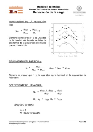 MOTORES TÉRMICOS
Motores de Combustión Interna Alternativos
Renovación de la carga
Departamento de Ingeniería Energética y Fluidomecánica
Andrés Melgar Bachiller
Página 12
RENDIMIENTO DE LA RETENCIÓN
RET
RET
RET
SUM
CAR
s
=
m
m
=
R
R



 1
Siempre es menor que 1 y da una idea
de la bondad del barrido, o dicho de
otra forma de la proporción de mezcla
que se cortocircuita.
RENDIMIENTO DEL BARRIDO b
b
RET
RET RES
RET RES CAR=
m
m + m
m + m = m

 
  
Siempre es menor que 1 y da una idea de la bondad en la evacuación de
residuales.
COEFIECIENTE DE LLENADO RLL
LL
RET RES
REF
CAR
REF
R =
m + m
m
=
m
m
 



LL b RET s CARR = R = R 
BARRIDO ÓPTIMO:
  1
R lo mayor posible.
 