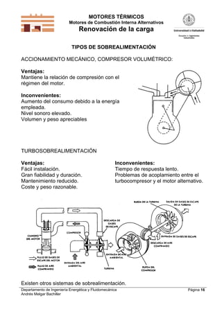MOTORES TÉRMICOS
Motores de Combustión Interna Alternativos
Renovación de la carga
Departamento de Ingeniería Energética y Fluidomecánica
Andrés Melgar Bachiller
Página 16
TIPOS DE SOBREALIMENTACIÓN
ACCIONAMIENTO MECÁNICO, COMPRESOR VOLUMÉTRICO:
Ventajas:
Mantiene la relación de compresión con el
régimen del motor.
Inconvenientes:
Aumento del consumo debido a la energía
empleada.
Nivel sonoro elevado.
Volumen y peso apreciables
TURBOSOBREALIMENTACIÓN
Ventajas:
Fácil instalación.
Gran fiabilidad y duración.
Mantenimiento reducido.
Coste y peso razonable.
Inconvenientes:
Tiempo de respuesta lento.
Problemas de acoplamiento entre el
turbocompresor y el motor alternativo.
Existen otros sistemas de sobrealimentación.
 