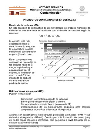 MOTORES TÉRMICOS
Motores de Combustión Interna Alternativos
Contaminación
Departamento de Ingeniería Energética y Fluidomecánica
Andrés Melgar Bachiller
Página 4
PRODUCTOS CONTAMINANTES EN LOS M.C.I.A
Monóxido de carbono (CO):
En toda reacción de combustión de un hidrocarburo se produce monóxido de
carbono ya que este esta en equilibrio con el dióxido de carbono según la
reacción:
CO + ½ O2  CO2
la reacción está más
desplazada hacia la
derecha cuanto mayor es
la temperatura y cuanto
menor es la concentración
oxígeno (dosado rico).
Es un compuesto muy
venenoso ya que se fija en
los glóbulos rojos de la
sangre impidiendo que
éstos puedan fijar el
oxigeno, la inhalación de
aire con un 0.3% de
monóxido de carbono
durante media hora
produce la muerte.
1 1000.1 10
50
5
10
1
100
600 ppm
300 ppm
100 ppm
30 ppm
15 ppm
muerte
coma
Vomito, colapso
Dolor de cabeza intenso
Dolor de cabeza, se
reduce la agilidad mental
Sin sintomas
Horas de inhalación
Porcentaje de carboxihemoglobina
Hidrocarburos sin quemar (HC):
Pueden formarse por:
Combustión incompleta (apagado de la llama).
Efecto pared y hueco entre pistón y cilindro.
Cortocircuito de la mezcla fresca (motores de 2T)
Descomposición de los hidrocarburos originales para producir
compuestos aromáticos y derivados nitrogenados
Algunos son cancerígenos (hidrocarburos policíclicos aromáticos -PAH- y sus
derivados nitrogenados -NPAH-). Contribuyen a la formación de ozono (muy
útil en las capas altas de la atmósfera, pero perjudicial a nivel del suelo por su
carácter oxidante e irritante).
 