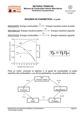 MOTORES TÉRMICOS
Motores de Combustión Interna Alternativos
Parámetros Característicos.
Departamento de Ingeniería Energética y Fluidomecánica
Andrés Melgar Bachiller
Página 7
RESUMEN DE PARÁMETROS i, e y pm
i
INDICADOS: Energía combustible Energía mecánica sobre el pistón
m
MECÁNICOS: Energía mecánica pistón Energía mecánica cigüeñal
e
EFECTIVOS: Energía combustible Energía mecánica cigüeñal
mie 
Para un motor, conocido el régimen n, el gasto de combustible, el poder
calorífico del combustible y uno de los parámetros, es posible obtener el resto.
N
(Potencia)

(Rendimiento)
M
(Par)
Pm
(Presión media)
W
(Trabajo)
inVD
D
cfcc
V
Hm
cfcc Hm
1
n2
1

i
2 
 