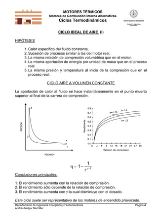 MOTORES TÉRMICOS
Motores de Combustión Interna Alternativos
Ciclos Termodinámicos
Departamento de Ingeniería Energética y Fluidomecánica
Andrés Melgar Bachiller
Página 4
CICLO IDEAL DE AIRE (I)
HIPÓTESIS
1. Calor especifico del fluido constante.
2. Sucesión de procesos similar a las del motor real.
3. La misma relación de compresión volumétrica que en el motor.
4. La misma aportación de energía por unidad de masa que en el proceso
real.
5. La misma presión y temperatura al inicio de la compresión que en el
proceso real.
CICLO AIRE A VOLUMEN CONSTANTE
La aportación de calor al fluido se hace instantáneamente en el punto muerto
superior al final de la carrera de compresión.
 
  
1
1
1
r
Conclusiones principales:
1. El rendimiento aumenta con la relación de compresión.
2. El rendimiento sólo depende de la relación de compresión.
3. El rendimiento aumenta con  la cual disminuye con el dosado.
Este ciclo suele ser representativo de los motores de encendido provocado.
 