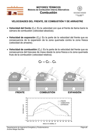 MOTORES TÉRMICOS
Motores de Combustión Interna Alternativos
Combustión
Departamento de Ingeniería Energética y Fluidomecánica
Andrés Melgar Bachiller
Página 6
VELOCIDADES DEL FRENTE, DE COMBUSTIÓN Y DE ARRASTRE
 Velocidad del frente (CF): Es la velocidad con que el frente de llama barre la
cámara de combustión (velocidad absoluta).
 Velocidad de expansión (CA): Es la parte de la velocidad del frente que es
consecuencia de la expansión de la zona quemada contra la zona fresca
(velocidad de arrastre).
 Velocidad de combustión (CC): Es la parte de la velocidad del frente que es
consecuencia del trasvase de masa desde la zona fresca a la zona quemada
fruto de la combustión (velocidad relativa).
C C CF C A 
Mezcla
Fresca
CF
Mezcla
Quemada
FRENTE
Mezcla
Quemada
Mezcla
Fresca
Cc
Combustión
COMBUSTIÓN
Mezcla
Fresca
CA
Mezcla
Quemada
T
P
Expansión
EXPANSIÓN
 