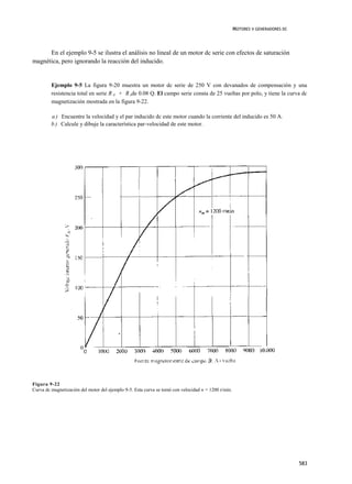 MOTORES V GENERADORES DC



      En el ejemplo 9-5 se ilustra el análisis no lineal de un motor dc serie con efectos de saturación
magnética, pero ignorando la reacción del inducido.


         Ejemplo 9-5 La figura 9-20 muestra un motor dc serie de 250 V con devanados de compensación y una
         resistencia total en serie R A + R sde 0.08 Q. El campo serie consta de 25 vueltas por polo, y tiene la curva dc
         magnetización mostrada en la figura 9-22.

         a ) Encuentre la velocidad y el par inducido dc este motor cuando la corriente del inducido es 50 A.
         b ) Calcule y dibuje la característica par-velocidad de este motor.




Figura 9-22
Curva dc magnetización del motor del ejemplo 9-5. Esta curva se tomó con velocidad n = 1200 r/min.




                                                                                                                                583
 