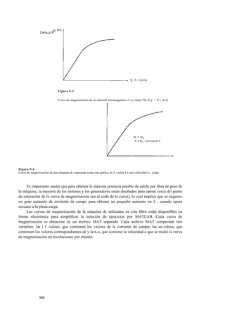 CAPULLO 9




                              Figura 9-3

                              Curva de magnetización de un material ferromagnético (<p contra ?#). E a [ = K<¡ KO ]




Figura 9-4
Curva de magnetización de una máquina dc expresada como una gráfica de E contra I a una velocidad w,, ciada.



     Es importante anotar que para obtener la máxima potencia posible de salida por libra de peso de
la máquina, la mayoría de los motores y los generadores están diseñados para operar cerca del punto
de saturación de la curva de magnetización (en el codo de la curva), lo cual implica que se requiere
un gran aumento de corriente de campo para obtener un pequeño aumento en £ , cuando opera
cercano a la plena carga.
     Las curvas de magnetización de la máquina dc utilizadas en este libro están disponibles en
forma electrónica para simplificar la solución de ejercicios por MATLAB. Cada curva de
magnetización se almacena en un archivo MAT separado. Cada archivo MAT comprende tres
variables: las i f -valúes, que contienen los valores de la corriente de campo; las ea-valúes, que
contienen los valores correspondientes de y la n-0, que contiene la velocidad a que se midió la curva
de magnetización en revoluciones por minuto.




               550
 