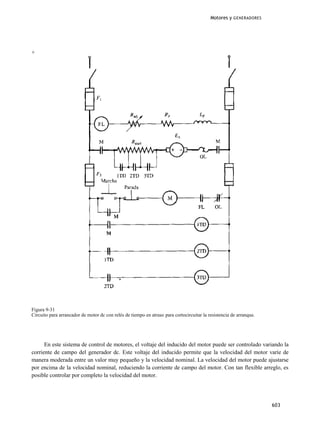 Motores y   GENERADORES




+




Figura 9-31
Circuito para arrancador de motor dc con relés de tiempo en atraso para cortocircuitar la resistencia de arranque.




      En este sistema de control de motores, el voltaje del inducido del motor puede ser controlado variando la
corriente de campo del generador dc. Este voltaje del inducido permite que la velocidad del motor varíe de
manera moderada entre un valor muy pequeño y la velocidad nominal. La velocidad del motor puede ajustarse
por encima de la velocidad nominal, reduciendo la corriente de campo del motor. Con tan flexible arreglo, es
posible controlar por completo la velocidad del motor.




                                                                                                                     603
 