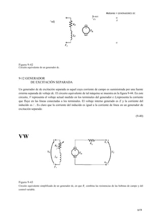 Motores   Y GENERADORES DC
                                                                      |h-wv                  o
                                                                      ' RA                   A
                              ^adj




                                                                                             o




Figura 9-42
Circuito equivalente de un generador dc.



9-12 GENERADOR
       DE EXCITACIÓN SEPARADA

Un generador dc de excitación separada es aquel cuya corriente de campo es suministrada por una fuente
externa separada de voltaje dc. El circuito equivalente de tal máquina se muestra en la figura 9-44. En este
circuito, V representa el voltaje actual medido en los terminales del generador e ILrepresenta la corriente
que fluye en las líneas conectadas a los terminales. El voltaje interno generado es E y la corriente del
inducido es / . Es claro que la corriente del inducido es igual a la corriente de línea en un generador de
excitación separada:

                                                                                                                (9-40)




VW




Figura 9-43
Circuito equivalente simplificado de un generador dc, en que R ¡ combina las resistencias de las bobinas de campo y del
control variable.




                                                                                                                 619
 