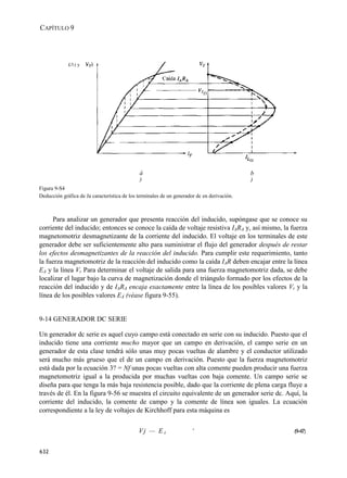 CAPÍTULO 9




             £/l ( y




                                              á                                              b
                                              )                                              )
Figura 9-S4
Deducción gráfica de Ja característica de los terminales de un generador dc en derivación.



     Para analizar un generador que presenta reacción del inducido, supóngase que se conoce su
corriente del inducido; entonces se conoce la caída de voltaje resistiva IARA y, así mismo, la fuerza
magnetomotriz desmagnetizante de la corriente del inducido. El voltaje en los terminales de este
generador debe ser suficientemente alto para suministrar el flujo del generador después de restar
los efectos desmagnetizantes de la reacción del inducido. Para cumplir este requerimiento, tanto
la fuerza magnetomotriz de la reacción del inducido como la caída IAR deben encajar entre la línea
EA y la línea Vr Para determinar el voltaje de salida para una fuerza magnetomotriz dada, se debe
localizar el lugar bajo la curva de magnetización donde el triángulo formado por los efectos de la
reacción del inducido y de IARA encaja exactamente entre la línea de los posibles valores Vr y la
línea de los posibles valores EÁ (véase figura 9-55).


9-14 GENERADOR DC SERIE

Un generador dc serie es aquel cuyo campo está conectado en serie con su inducido. Puesto que el
inducido tiene una corriente mucho mayor que un campo en derivación, el campo serie en un
generador de esta clase tendrá sólo unas muy pocas vueltas de alambre y el conductor utilizado
será mucho más grueso que el de un campo en derivación. Puesto que la fuerza magnetomotriz
está dada por la ecuación 3? = Nf unas pocas vueltas con alta comente pueden producir una fuerza
magnetomotriz igual a la producida por muchas vueltas con baja comente. Un campo serie se
diseña para que tenga la más baja resistencia posible, dado que la corriente de plena carga fluye a
través de él. En la figura 9-56 se muestra el circuito equivalente de un generador serie dc. Aquí, la
corriente del inducido, la comente de campo y la comente de línea son iguales. La ecuación
correspondiente a la ley de voltajes de Kirchhoff para esta máquina es


                                              Vj — EA                  +
                                                                                                 (9-47)


632
 