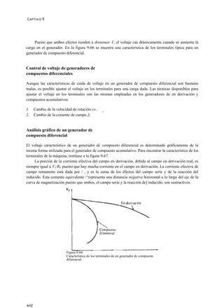 C APÍTULO 9




     Puesto que ambos efectos tienden a disminuir Vr el voltaje cae drásticamente cuando se aumenta la
carga en el generador. En la figura 9-66 se muestra una característica de los terminales típica para un
generador dc compuesto diferencial.


Control de voltaje de generadores dc
compuestos diferenciales

Aunque las características de caída de voltaje en un generador dc compuesto diferencial son bastante
malas, es posible ajustar el voltaje en los terminales para una carga dada. Las técnicas disponibles para
ajustar el voltaje en los terminales son las mismas empleadas en los generadores dc en derivación y
compuestos acumulativos:

1.    Cambio de la velocidad de rotación co .    771

2.    Cambio de la comente de campo Jr


Análisis gráfico de un generador dc
compuesto diferencial

El voltaje característico de un generador dc compuesto diferencial es determinado gráficamente de la
misma forma utilizada para el generador dc compuesto acumulativo. Para encontrar la característica de los
terminales de la máquina, remítase a la figura 9-67.
     La porción de la corriente efectiva del campo en derivación, debida al campo en derivación real, es
siempre igual a V1/RF puesto que hay mucha corriente en el campo en derivación. La corriente efectiva de
campo remanente está dada por / , y es la suma de los efectos del campo serie y de la reacción del
inducido. Esta comente equivalente /^representa una distancia negativa horizontal a lo largo del eje de la
curva de magnetización puesto que ambos, el campo serie y la reacción de] inducido, son sustractivos.




                         Figura 9-66
                         Característica de los terminales de un generador dc compuesto
                         diferencial.




642
 