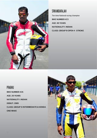 SRIKANDARAJAH
Ten time National racing champion
BIKE NUMBER #23
AGE: 40 YEARS
NATIONALITY: INDIAN
CLASS: GROUP B OPEN 4 - STROKE

PRAbHu
BIKE NUMBER #26
AGE: 20 YEARS
NATIONALITY: INDIAN
DEBUT: 2009
CLASS: GROUP D INTERMEDIATE & HONDA
ONE MAKE

14

 