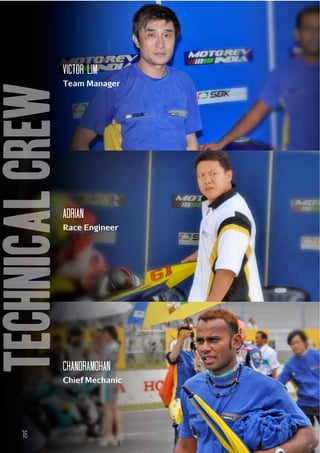 TECHNICAL CREW

VIcTOR LIM
Team Manager

ADRIAN
Race Engineer

chaNdraMOHAN
Chief Mechanic

16

 