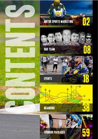 contents

MOTOR SPORTS MARKETING

02

our team

08

events

18
3

7
6

5

2

4

1
9

BRANDING

sponsor packages

8

38
59

 