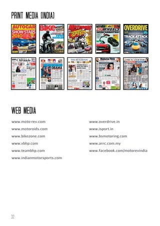 PRINT MEDIA (INDIA)

web media
www.moto-rev.com

www.overdrive.in

www.motoroids.com

www.isport.in

www.bikezone.com

www.bsmotoring.com

www.xbhp.com

www.arrc.com.my

www.teambhp.com

www.facebook.com/motorevindia

www.indianmotorsports.com

32

 