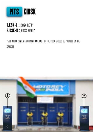 pits kiosk
1.ksk-l : kiosk left*
2.ksk-r : kiosk right*
* all media content and print material for the kiosk should be provided by the
sponsor.

1

42

2

 