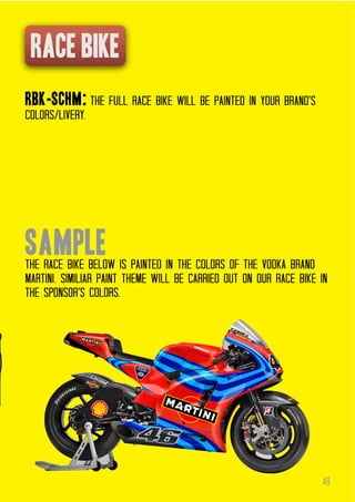 Rbk-schm: the full race bike will be painted in your brand’s
colors/livery.

sample is painted in the colors of the vodka brand
the race bike below
martini. similiar paint theme will be carried out on our race bike in
the sponsor’s colors.

49

 