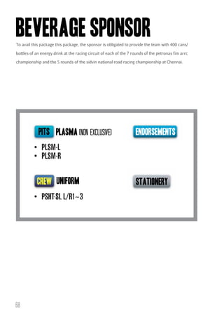 BEVERAGE SPONSOR
To avail this package this package, the sponsor is obligated to provide the team with 400 cans/
bottles of an energy drink at the racing circuit of each of the 7 rounds of the petronas fim arrc
championship and the 5 rounds of the sidvin national road racing championship at Chennai.

pits plasma (non exclusive)

endorsements

PLSM-L
PLSM-R
uniform
PSHT-SL L/R1~3

68

stationery

 