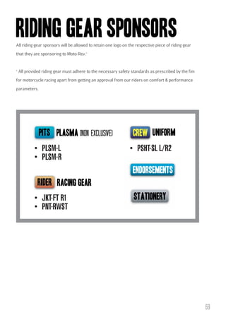RIDING GEAR SPONSORS
All riding gear sponsors will be allowed to retain one logo on the respective piece of riding gear
that they are sponsoring to Moto-Rev.*

*

All provided riding gear must adhere to the necessary safety standards as prescribed by the fim

for motorcycle racing apart from getting an approval from our riders on comfort & performance
parameters.

pits plasma (non exclusive)
PLSM-L
PLSM-R

uniform
PSHT-SL L/R2

endorsements
racing gear
JKT-FT R1
PNT-RWST

stationery

69

 