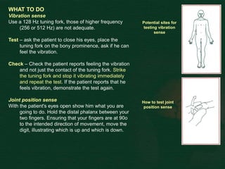 Potential sites for
testing vibration
sense
WHAT TO DO
Vibration sense
Use a 128 Hz tuning fork, those of higher frequency
(256 or 512 Hz) are not adequate.
Test – ask the patient to close his eyes, place the
tuning fork on the bony prominence, ask if he can
feel the vibration.
Check – Check the patient reports feeling the vibration
and not just the contact of the tuning fork. Strike
the tuning fork and stop it vibrating immediately
and repeat the test. If the patient reports that he
feels vibration, demonstrate the test again.
Joint position sense
With the patient's eyes open show him what you are
going to do. Hold the distal phalanx between your
two fingers. Ensuring that your fingers are at 90o
to the intended direction of movement, move the
digit, illustrating which is up and which is down.
How to test joint
position sense
 