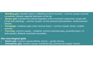 • Waddling gait: indicates weak or ineffective proximal muscles – common causes: proximal
myopathies, bilateral cogenital dislocation of the hip.
• Apraxic gait: indicates the cortical integration of the movement is abnormal, usually with
frontal lobe pathology – common causes: normal pressure hydrocephalus, cerebrovascular
disease.
• Hemiplegic: unilateral upper motor neurone lesion – common causes: stroke, multiple
sclerosis.
• Foot drop: common causes – unilateral: common peroneal palsy, pyramidal lesion, L5
radiculopathy. Bilateral: peripheral neuropathy.
Non-neurological gaits
• Painful gait: common causes:arthritis, trauma – usually obvious.
• Orthopaedic gait: common causes: shortened limb, previous hip surgery, trauma.
 
